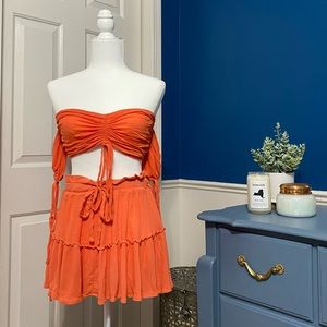 Coral two-piece tube top and skirt set